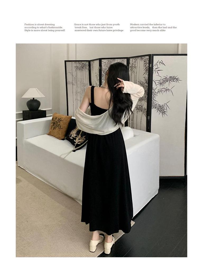 2024 Summer French Retro Hepburn-Style Slim Black Suspender Dress for Women