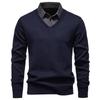 Men's Fashion Plus Velvet Knit Pullover: Thickened Fake Two-Piece Sweater with Shirt Collar for Autumn & Winter