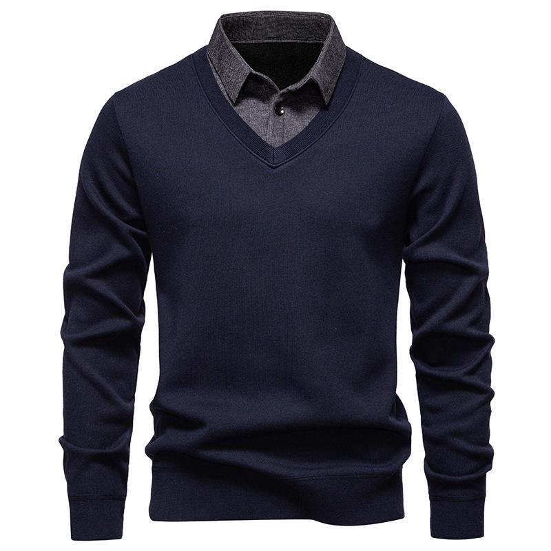 Men's Fashion Plus Velvet Knit Pullover: Thickened Fake Two-Piece Sweater with Shirt Collar for Autumn & Winter