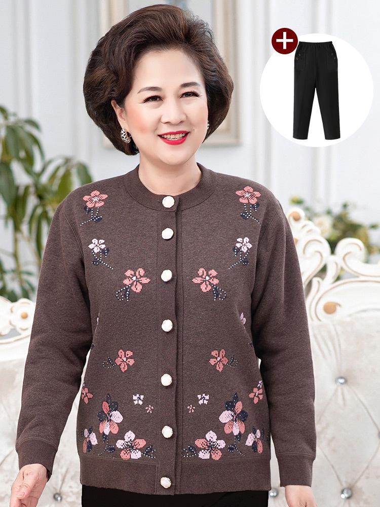 Grandma's Cozy Knit Cardigan: Velvet-Lined Winter Sweater for Middle-Aged and Elderly Women