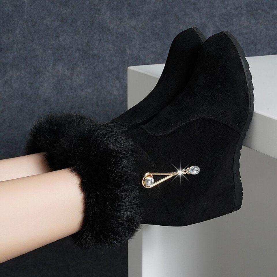 Fashion Black High Heels Booties Add Cotton Women's Snow Boots Rhinestone Ladies Shoes Work Y2k On Offer Furry New Rock Footwear Sale
