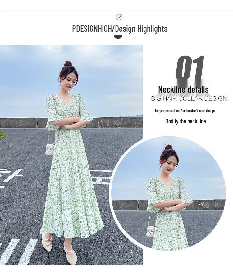 Women's Summer 2024 Floral French Retro Chiffon Long Dress - Over-the-Knee Cake Skirt