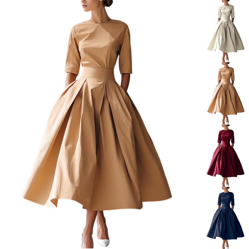 Elegant Women's Midi Dress with Waist Belt and Flared Skirt Classic Round Neck Half Sleeve Formal Wear for Various Occasions