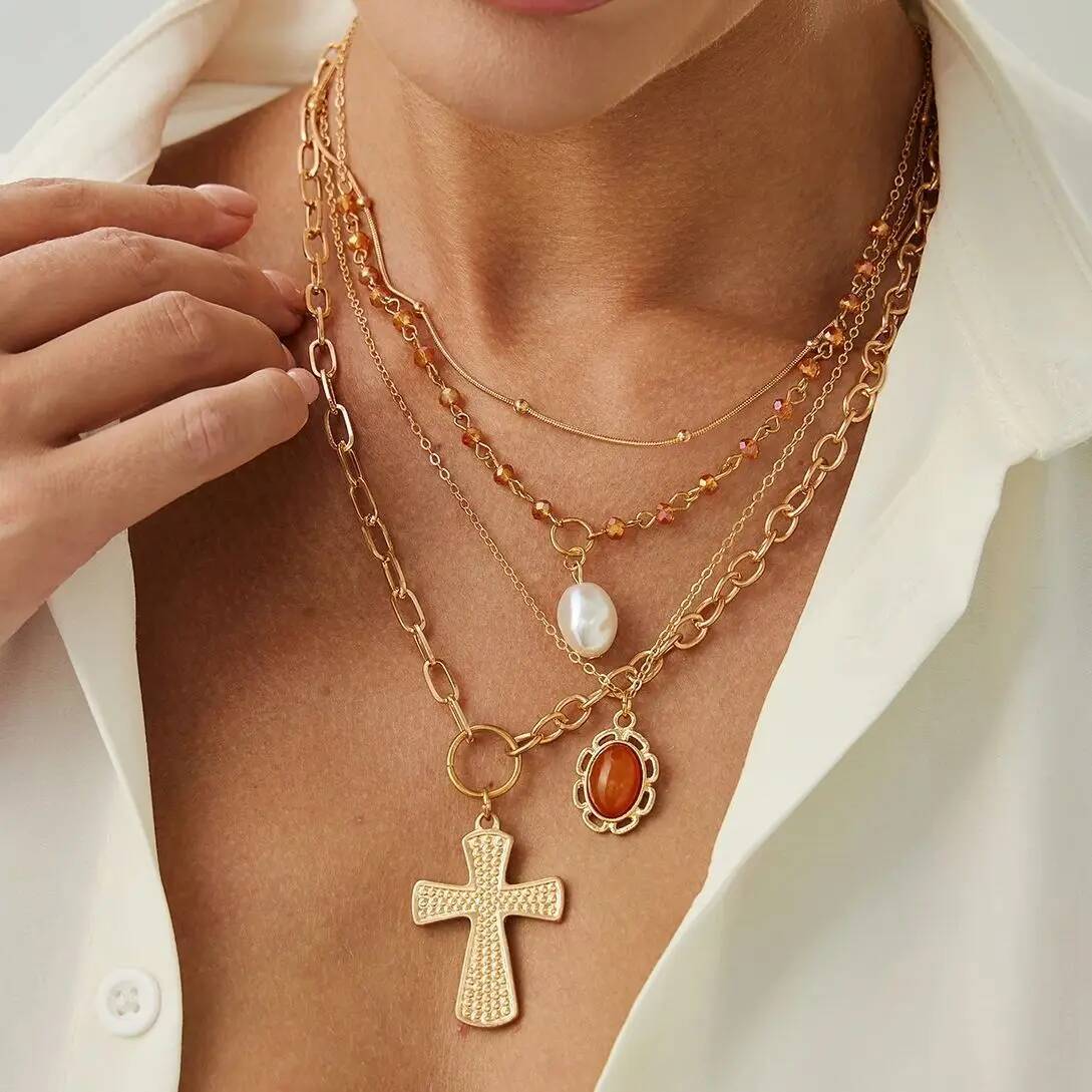 

Ingemark 4Pcs/Set Creative Cross Jesus Crystal Pendant Choker Necklace for Women Vintage Geometric Chains Party Jewelry Gifts