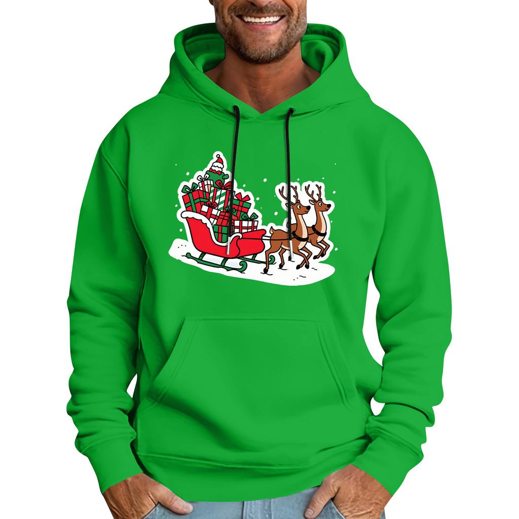 Men's Casual Sports Hooded Pocket Christmas Print Long Sleeve Sweatshirt