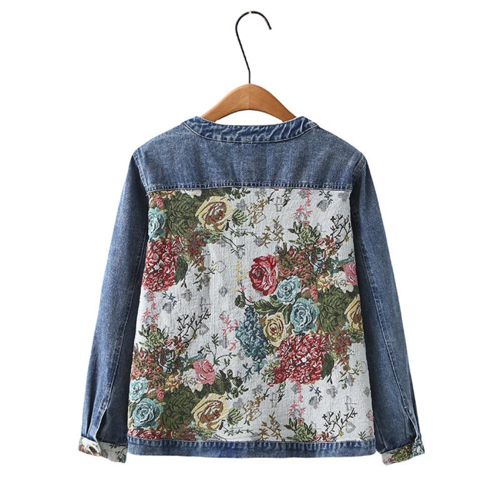 Spring Chinese Style Embroidered Casual   Denim Jacket for Women, Plus Size Long Sleeve Coat with Patchwork Design