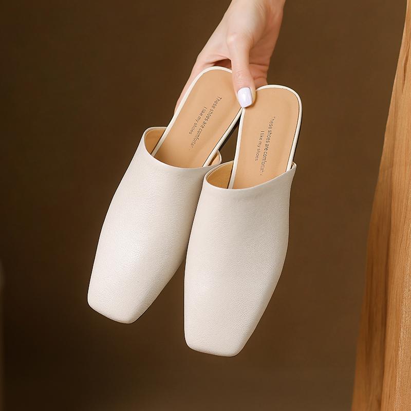 Moda 2025 Verano Zapatos de Mujer Puntera Cuadrada Zapatos Planos Zapatillas Moda Zapatos de Cuero Vacuno para Mujer Mules Casuales para Mujer Sandalias
