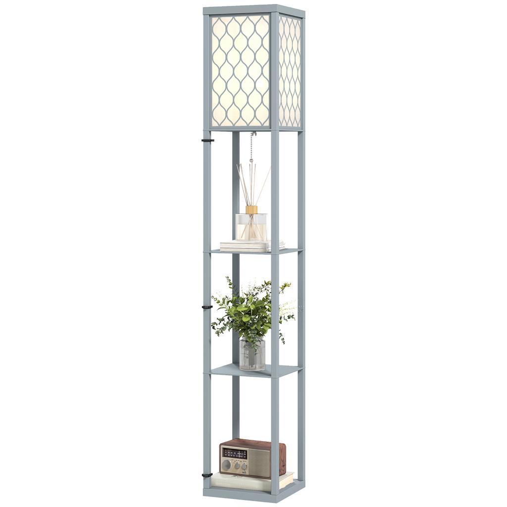 Floor Lamp with Shelf, 3 Compartments, Compact Dimensions, MDF, Light Grey