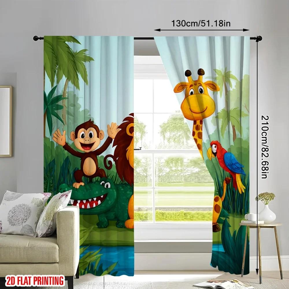 2pcs Animal Printed Curtains   Cartoon Design   Rod Pocket   Polyester   Window Decor for Kids Room   Playroom   Nursery Decor