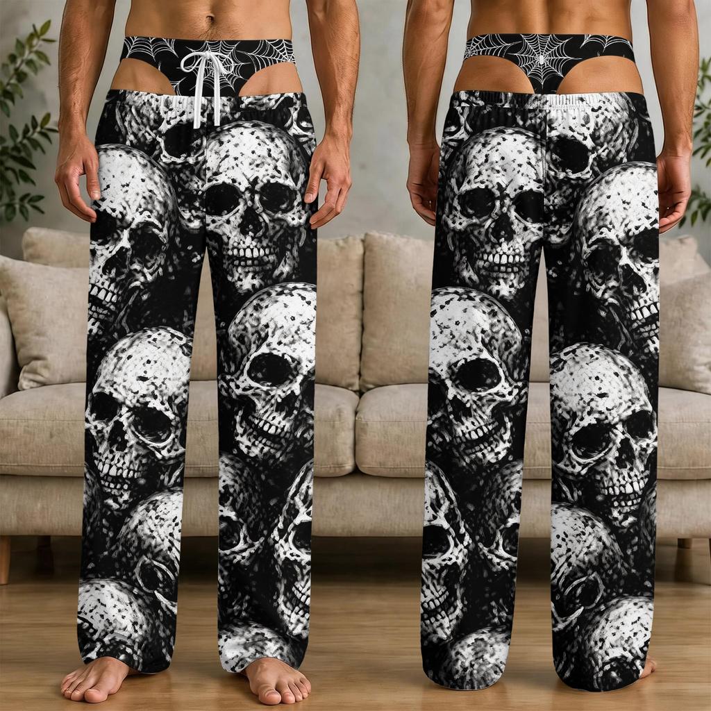 Men's Funny Halloween Print Knit Pants with Pockets, Casual Sleep Pajama Bottoms