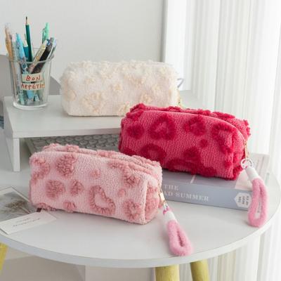 Kawaii Berber Fleece Pencil Case Lifting Rope Love Heart Pattern Pencil Pouch Large Capacity Pen Bag Student