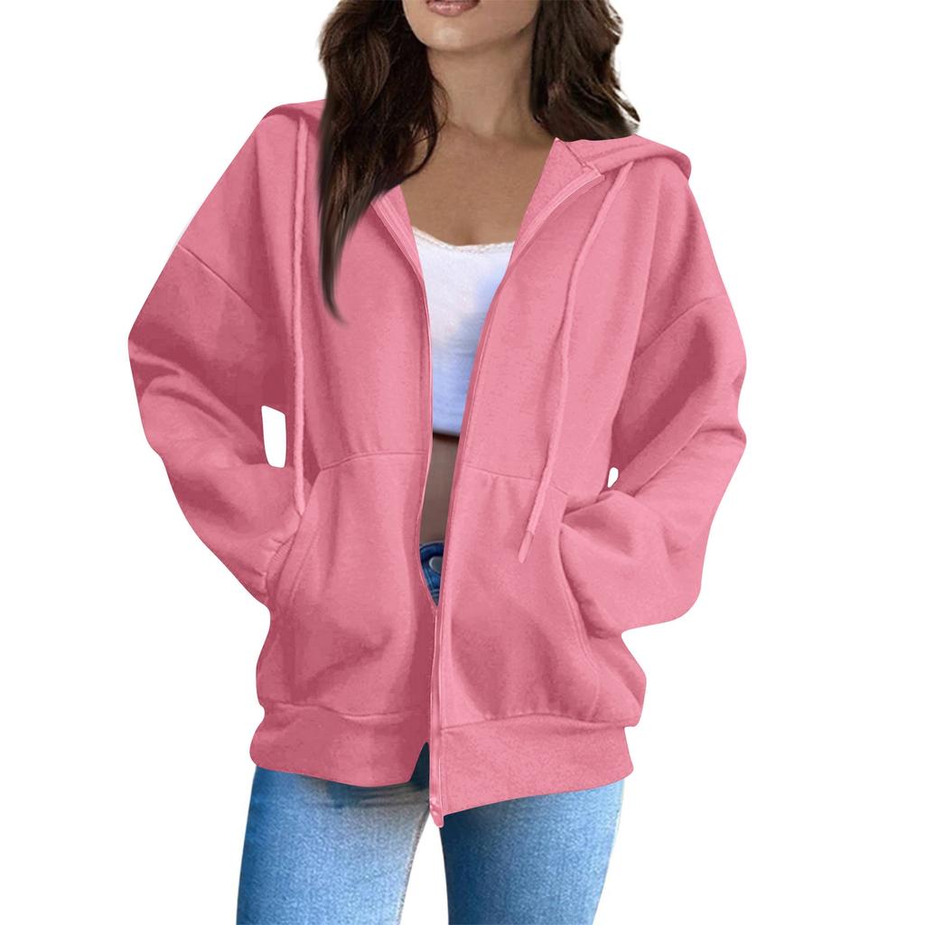 Women's Oversized Zip Up Hoodie Jacket with Pockets, Casual Long Sleeve Drawstring Hooded Sweatshirt for Fall Winter