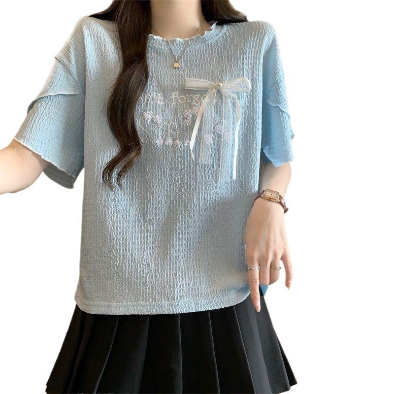 Women's Embroidered T-shirt Ladies Short Sleeved T-shirts with Letter Bow Design Korean Style Loose New Trendy Famale Crew Neck Top