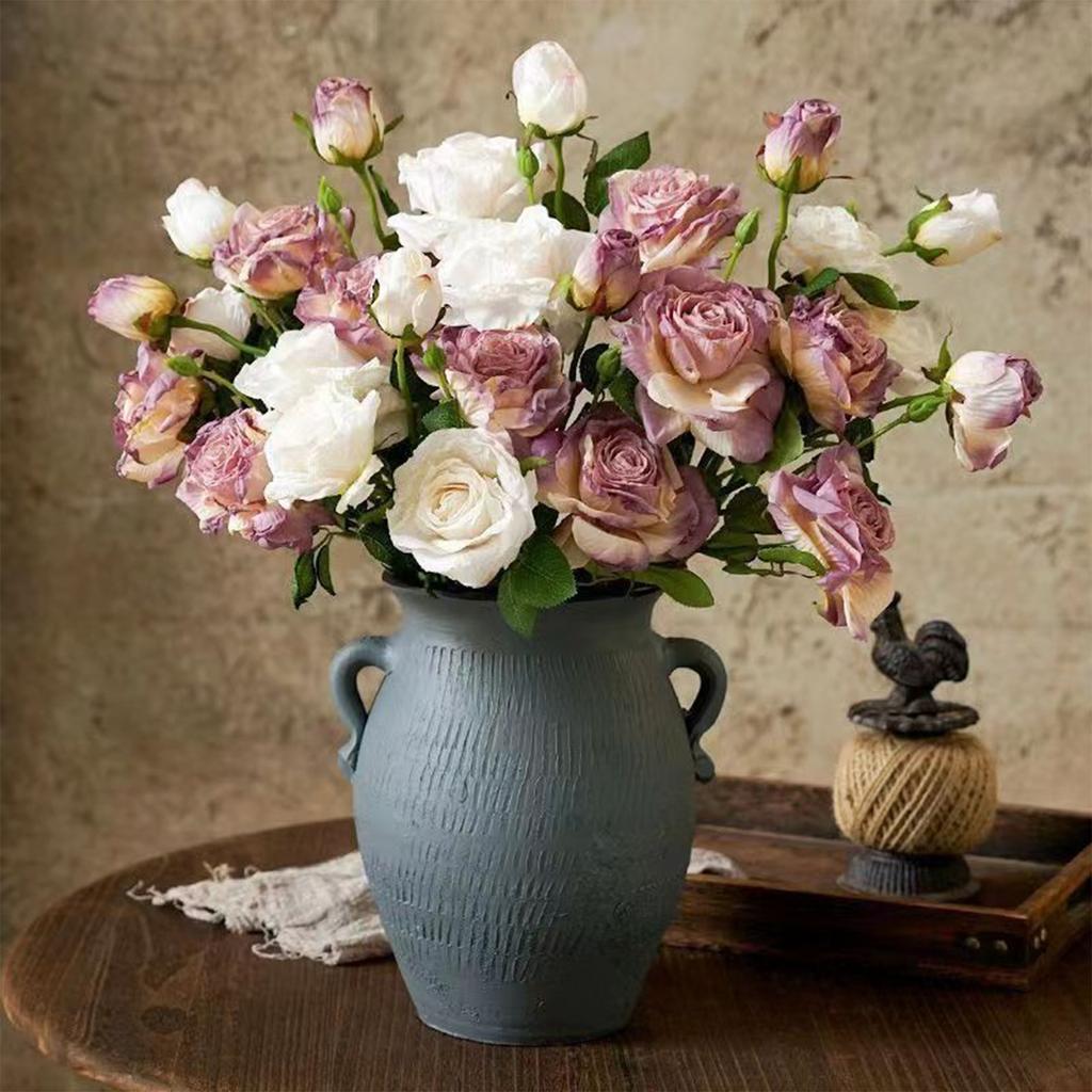 Artificial Single Stem with 3 Heads and Burnt Eges Rose,Faux Silk Artificial Flowers,DIY Artificial Flowers for Home Living Room