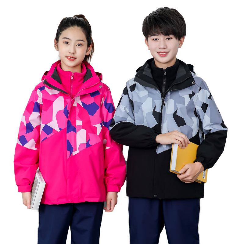 Children's Camouflage Windproof & Waterproof 3-in-1 Hiking Jacket Set for Autumn & Winter