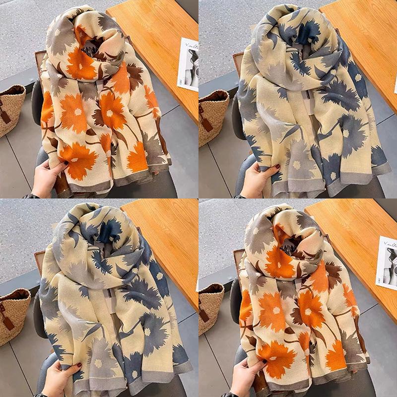 Korean Style Floral Cotton Linen Scarf - Versatile Autumn/Winter Shawl for Women