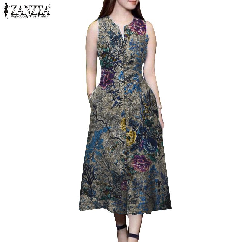 

ZANZEA Женское повседневное платье с V-образным вырезом и без рукавов с принтом S розовый