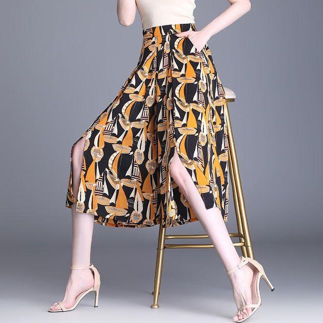 Summer Print Loose Floral Large Swing Open Leg Wide Leg Skirt High Waist Seven Inch Pants Big Foot Pants