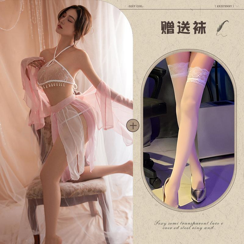 Sex Underwear Enchanting Retro Tulle Perspective Seduction Pearl Fringed Belly Pocket Sharding Tied Skirt Exotic Suit