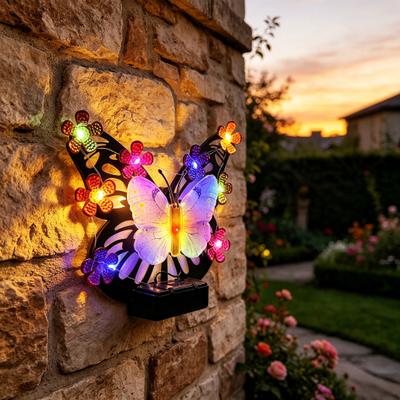 Solar Light, Butterfly Design Outdoor Wall Decor, Garden Art Soft Glowing Solar Light, Hand-Painted UV Coated Solar Light for Yard Patio Party