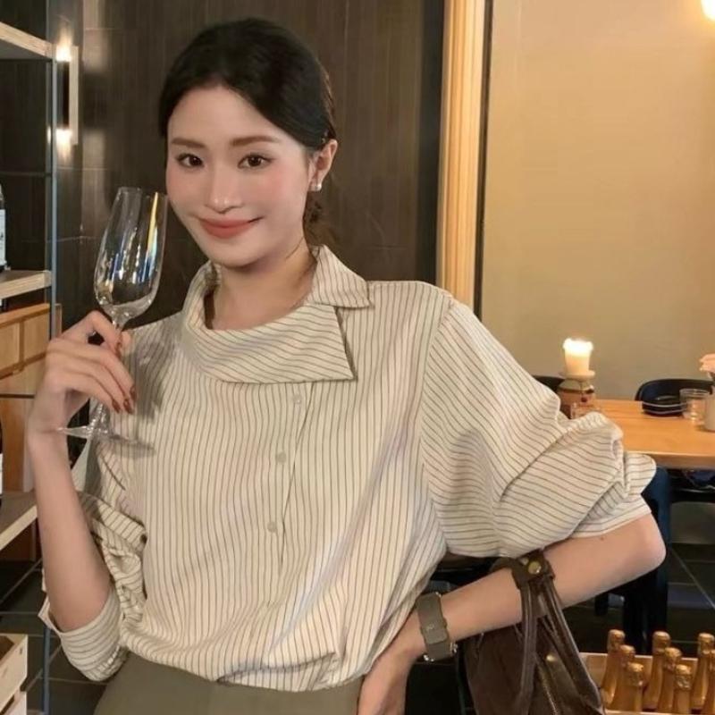 Women s Diagonal Button Shirt Stripe Asymmetrical Collar Long Sleeved Blouse Korean Style Spring New Version Loose Female Top M