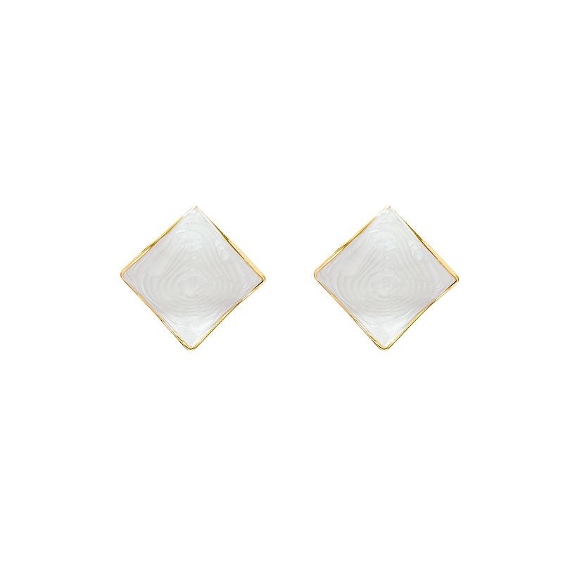 Silver Needle White Drip Glaze Square Stud Earrings Women's Retro Light Luxury Temperament Geometric Earrings Commuter Earrings