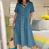 Modă Gât în V Mânecă Scurtă Vară Femei Cămașă Rochie Culoare Solidă Largă Elegantă Talie Înaltă Casual A-line Rochii Femei Simplu Birou Buzunare Îmbrăcăminte