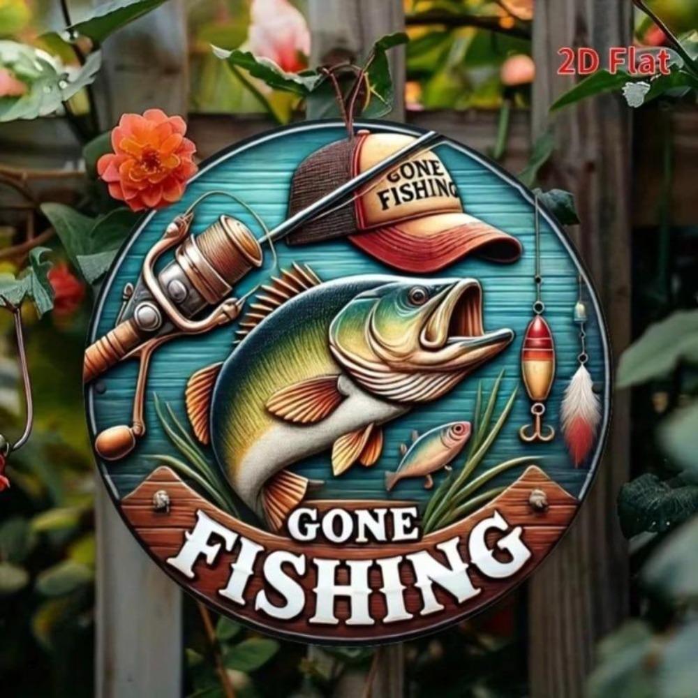 Metal Wall Art Vintage Fishing Welcome Sign Round 2D Printed Gift for Angler Home Decor