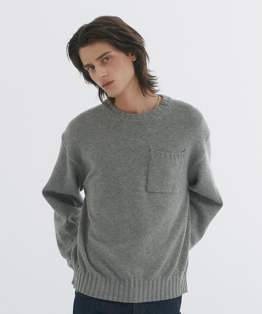 KNITTED Cashmere Wool Pocket Round Knit Grey