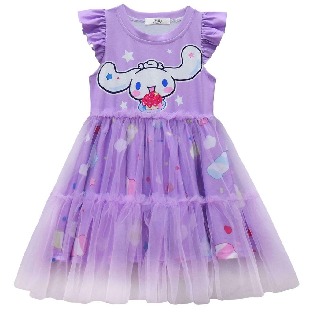 98030 Kids Girls Cinnamon dog Print Round Neck Mesh Dress 110 фиолетовый