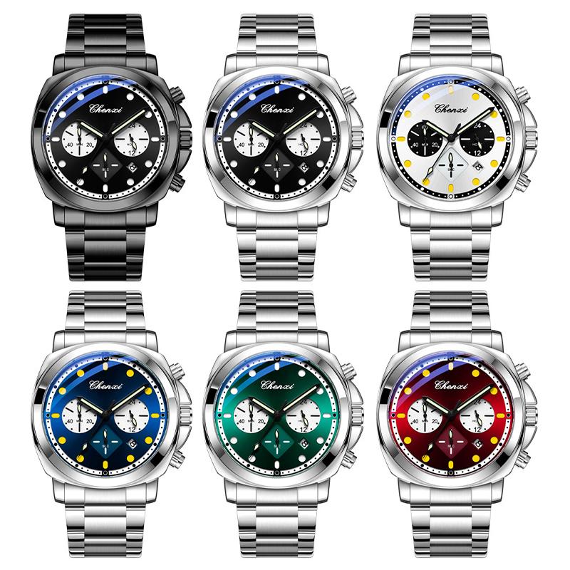 Mens Watch Square Dial Fashion Quartz Wrist Watches Multifunctional Chronograph Waterproof Luminous Gifts Box