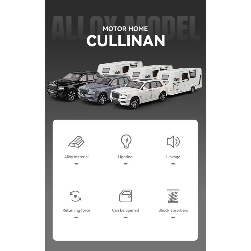 1/20 Scale Rolls Royce Cullinan Trailer RV Camping Van Diecast Model Alloy Metal Car Sound & Light Pull Back Home Display Ornament Boy
