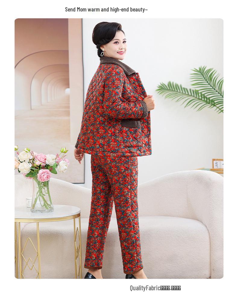 Hengyuanxiang Women's Winter Pajama Set: Cotton Padded Jacket & Pants with Velvet Lining for Middle-Aged and Elderly