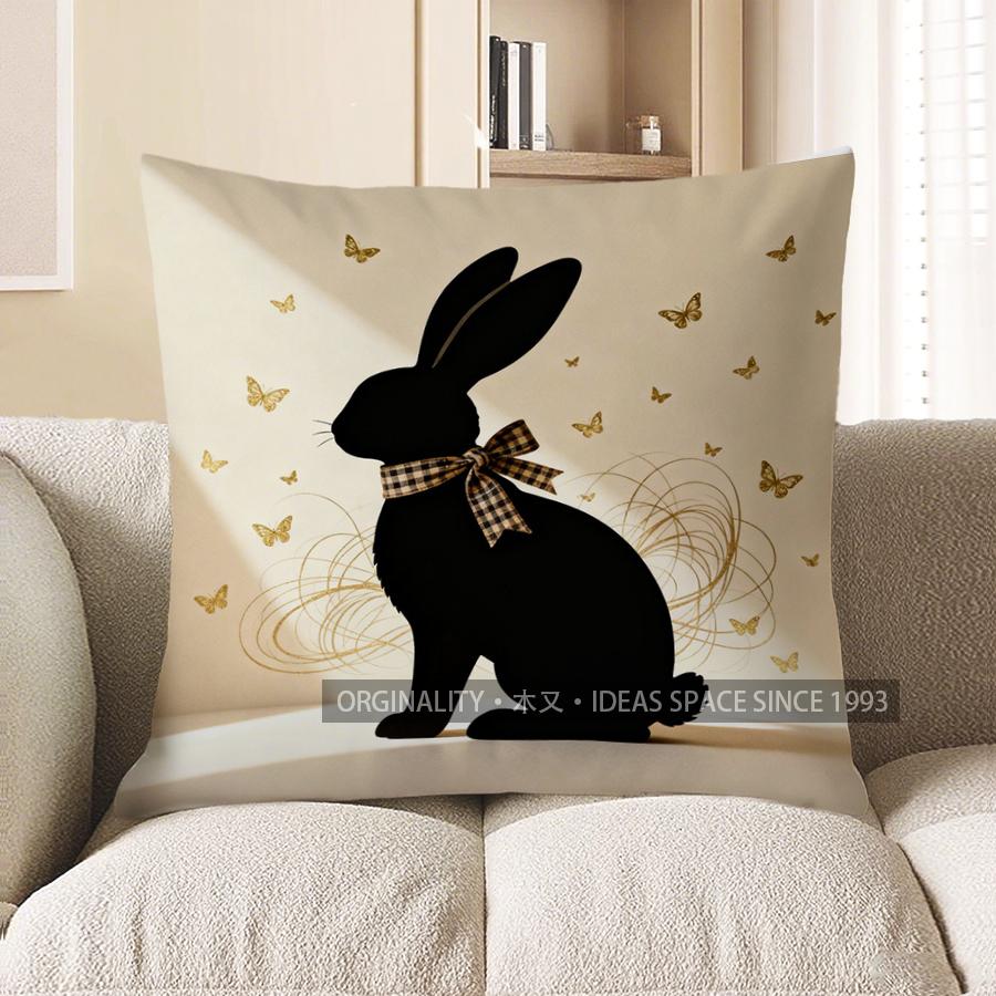 2D Black Rabbit With Butterflies Decorative Pillow Pattern Cushion Cover Suitable For Sofa Bedroom Car Pillow Cover