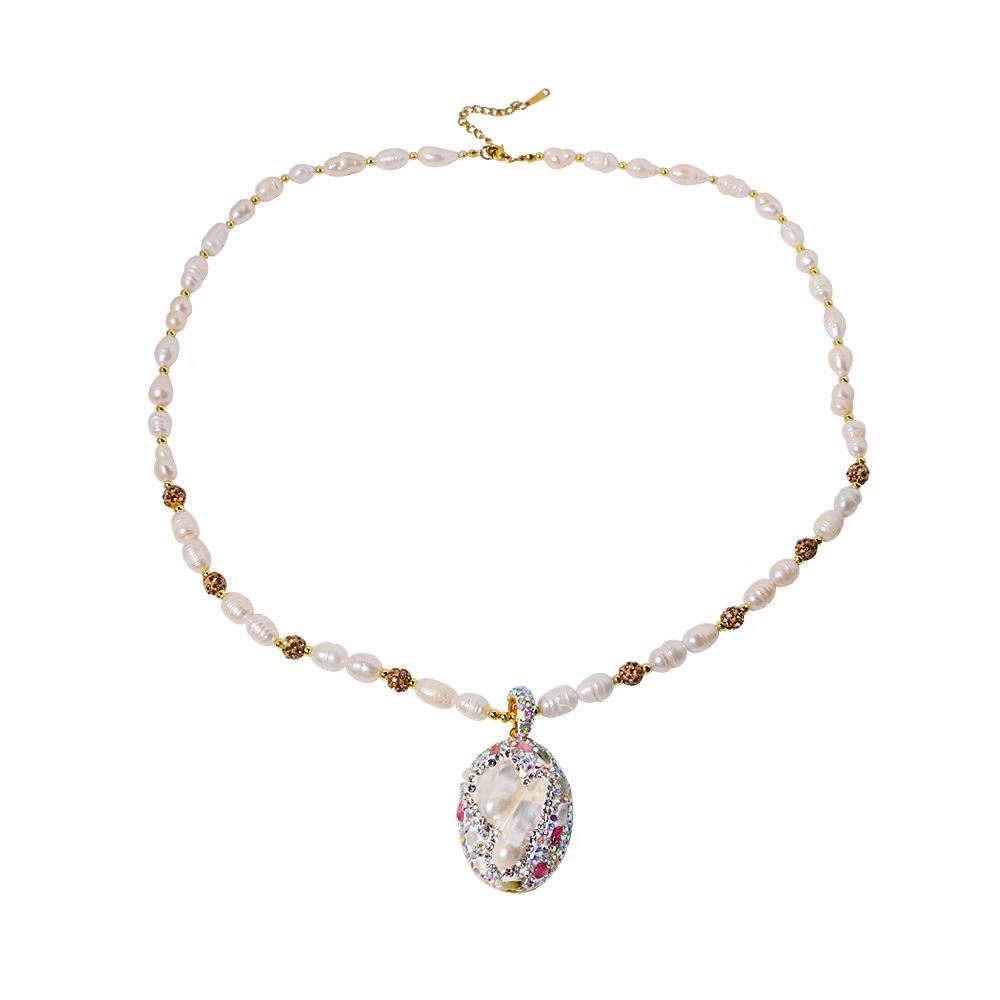 Women's French-style Freshwater Baroque Pearl Necklace Colorful Tourmaline Pendant Niche Fashion Exquisite Electroplated Sweater