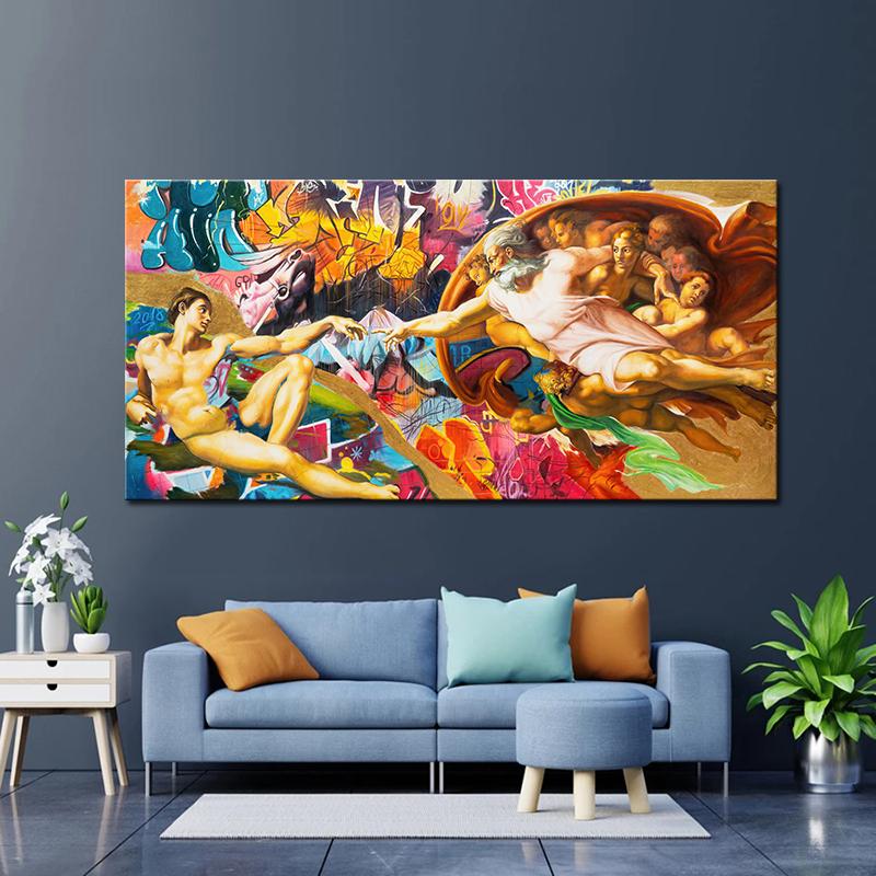 Graffiti God Hand Creation of Adam Street Pop Art Canvas Painting Wall Art Picture Posters and Prints for Living Room Home Decor