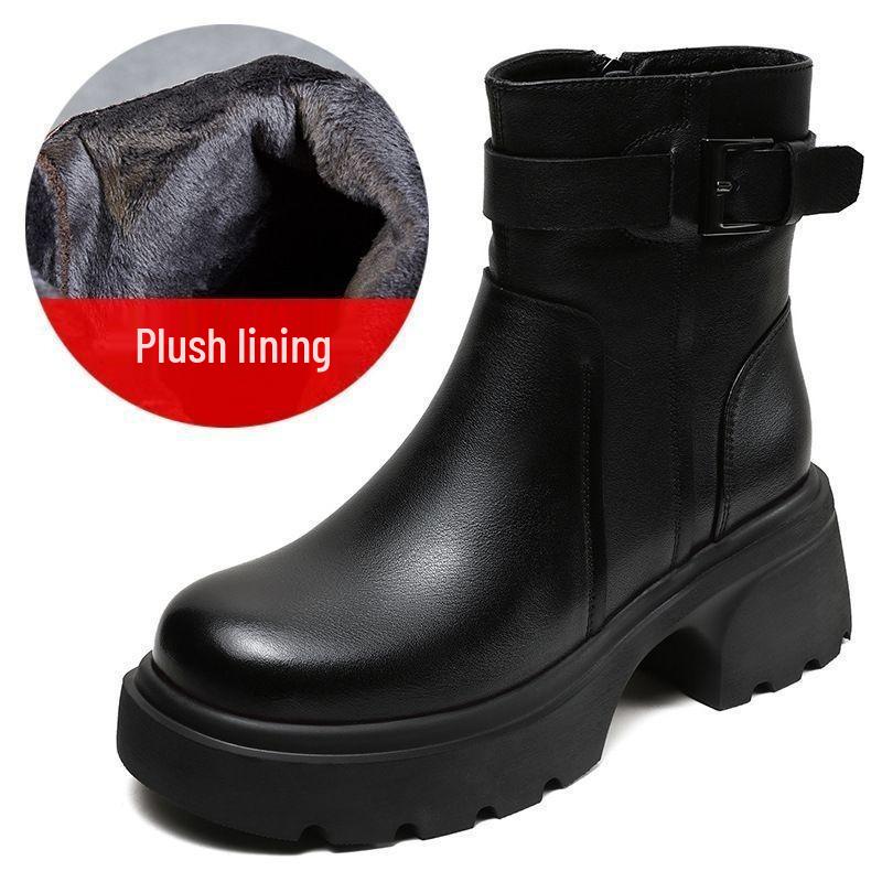2025 Women's Genuine Leather Martin Boots - Warm, Thickened, Single Cotton Boots for Spring, Autumn, and Winter.