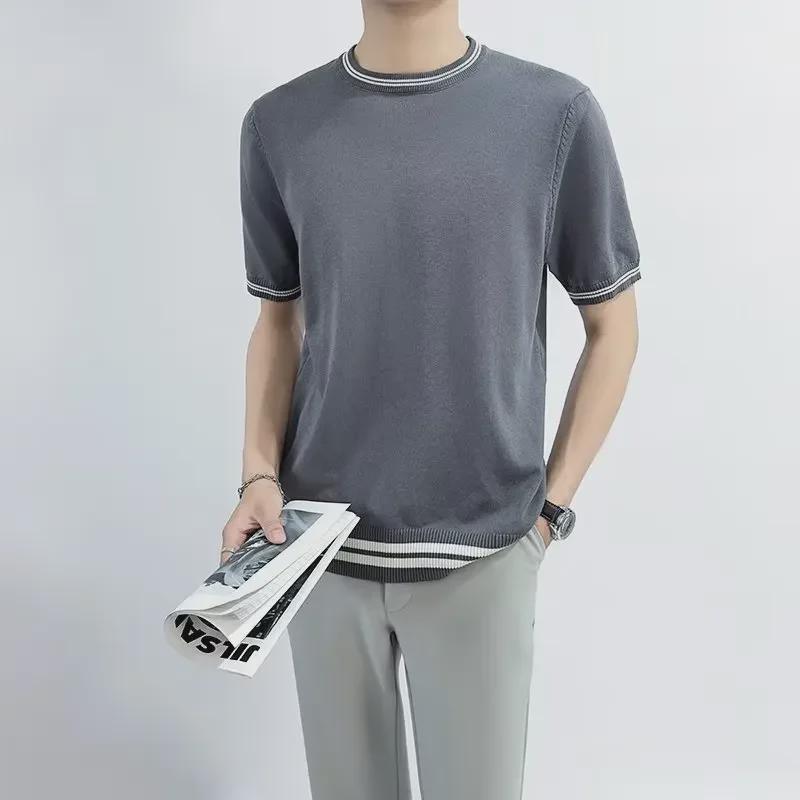 Men's Summer Slim Fit Knitted Sweater Tee - Korean Style Round Neck Short Sleeve Casual Top