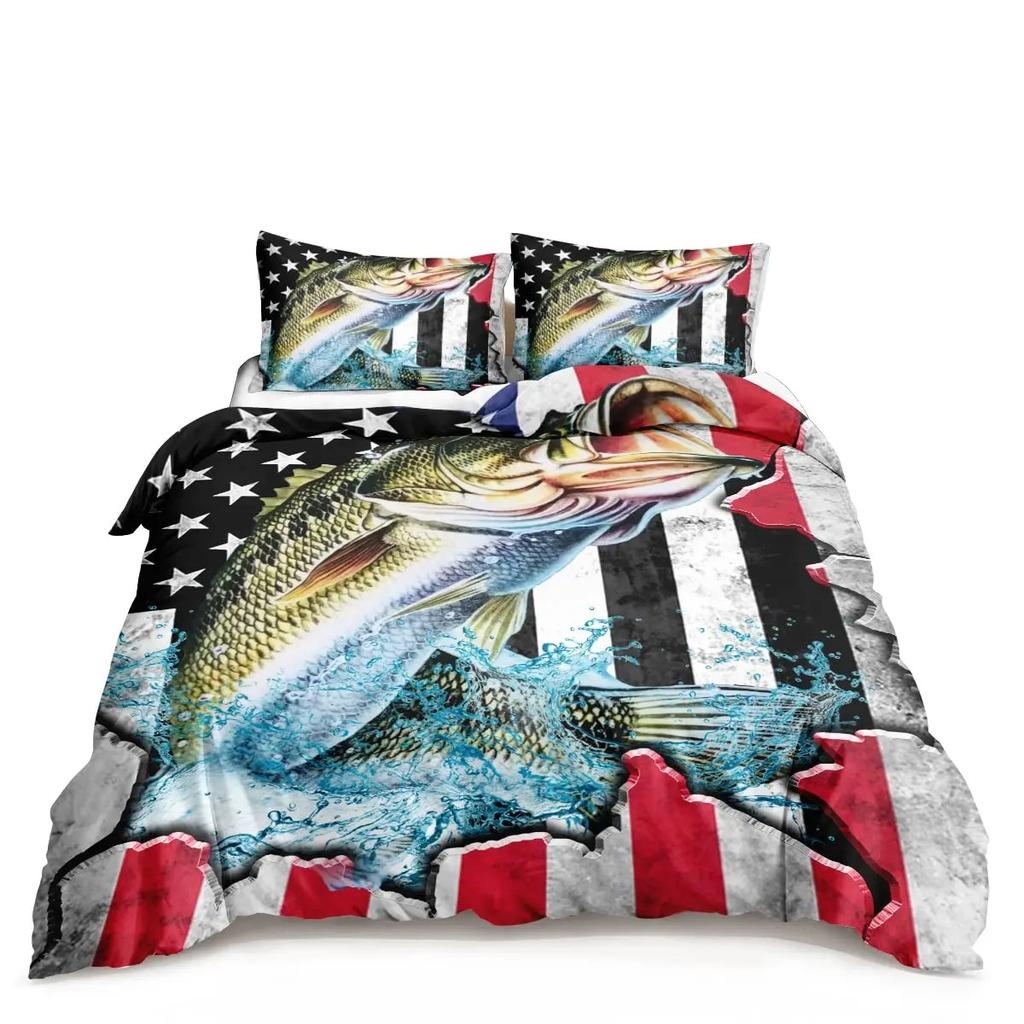 Pościel z motywem szczupaka i ryby, pasiasty bas, duży wzór, motyw łowiecki i wędkarski, narzuta na kołdrę dla chłopców, dekoracje sypialni dla nastolatków