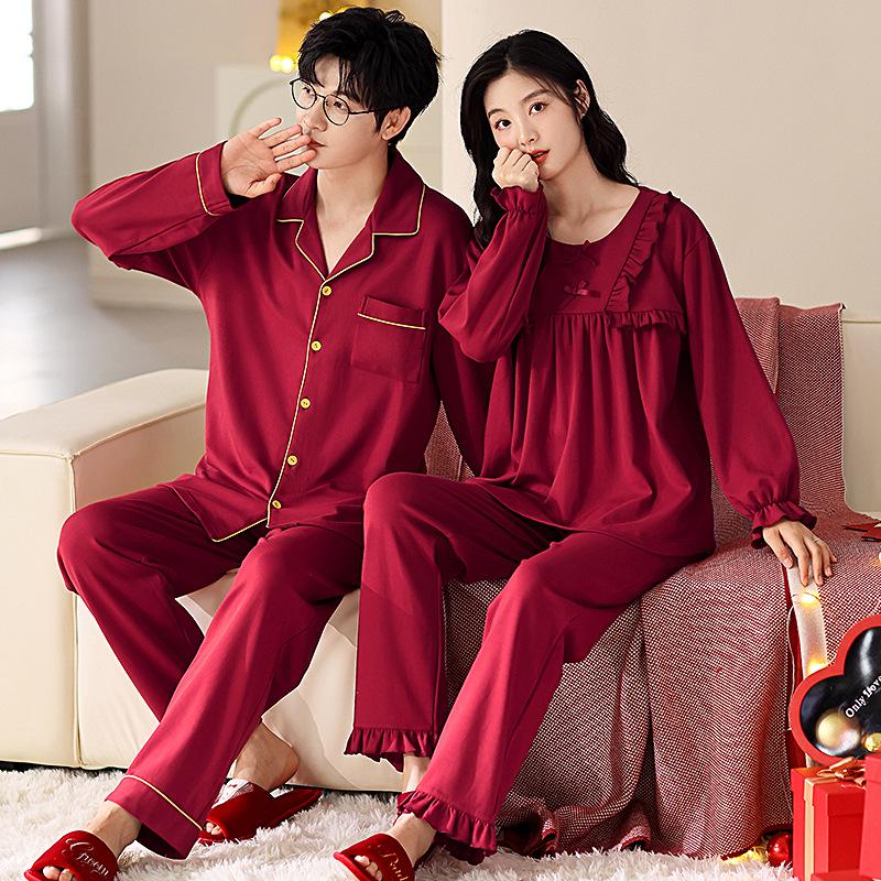 Red Newlywed Couple Pajama Set: Men's & Women's Long Sleeve Cotton Bridal Homewear for Spring and Autumn