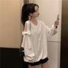 Sweet Bow Off Shoulder Sweatshirts Women Long Sleeve Casual Loose Korean Tops  V Neck Hollow Out Design Sweatshirts