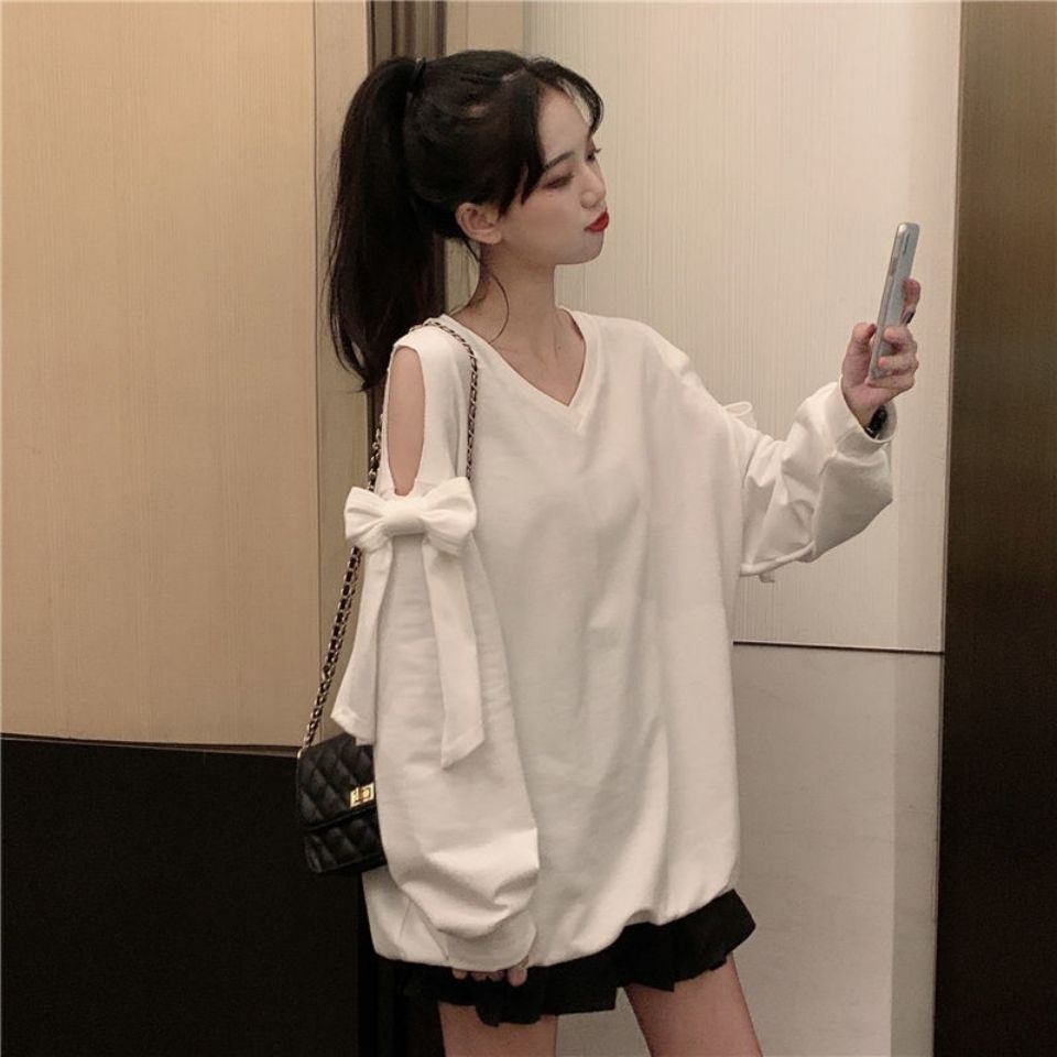 Sweet Bow Off Shoulder Sweatshirts Women Long Sleeve Casual Loose Korean Tops  V Neck Hollow Out Design Sweatshirts