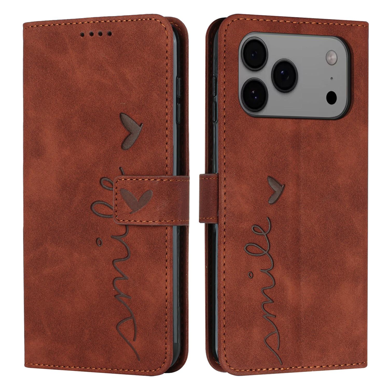 

For iPhone 17 Pro Max Stand Case PU Leather Phone Cover Imprinted Heart Pattern Brown