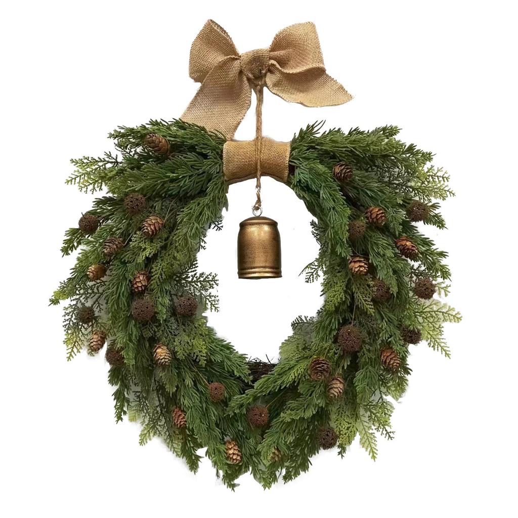 Christmas Pinecone Wreath with Bell Door Hanging Heart Shaped Vine Wreath with Linen Bow for Home Christmas Decoration