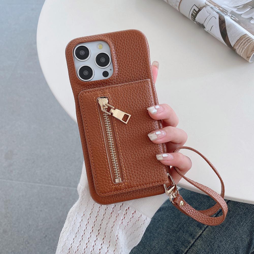 For iPhone 16 Pro Max Case Card Slots Kickstand PU Leather Back Cover with Zipper Pocket,Wrist Strap