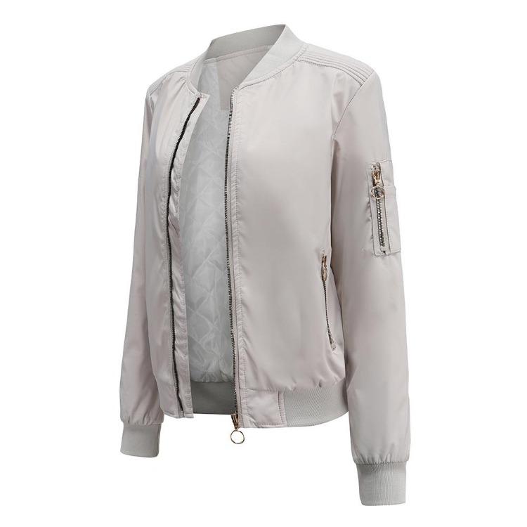 Bomber Jacket Women Thin Casual Zipper Long Sleeves Side Pockets Autumn Spring Outer Wear