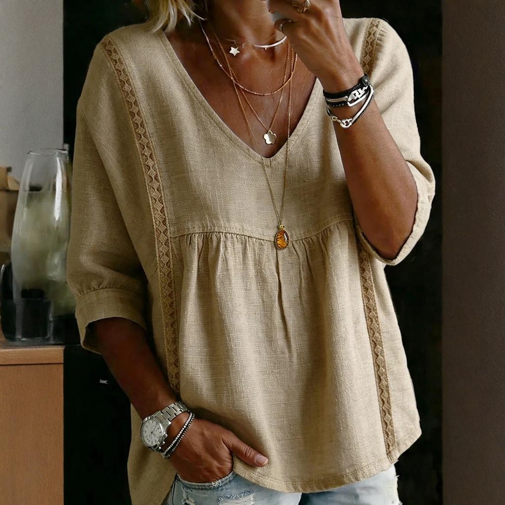 Women's Fashionable Casual Lace V-Neck Pullover, Loose-Fit Top