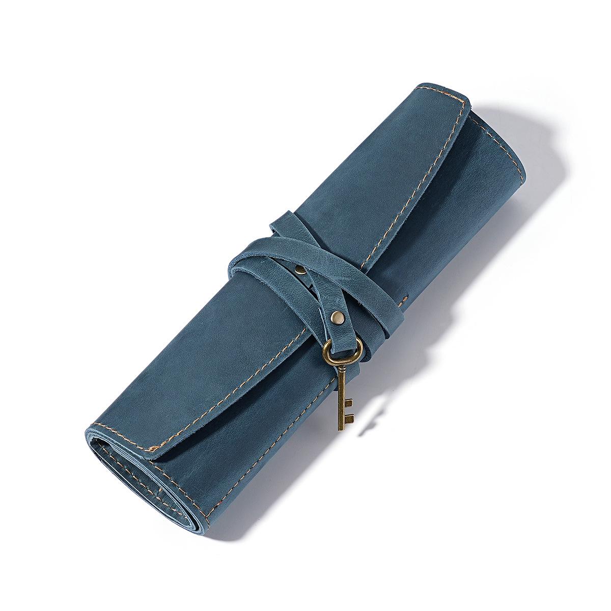 

Дорожный кожаный сворачивающийся пенал - Crazy Horse Держатель для перьевой ручки, карандаша и шариковой ручки синий