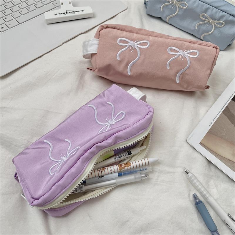 Cute Simple Bowknot Hand-Held Pencil Case Girly Pencil Bags Large Capacity Portable Student Stationery Storage Bag School Supply