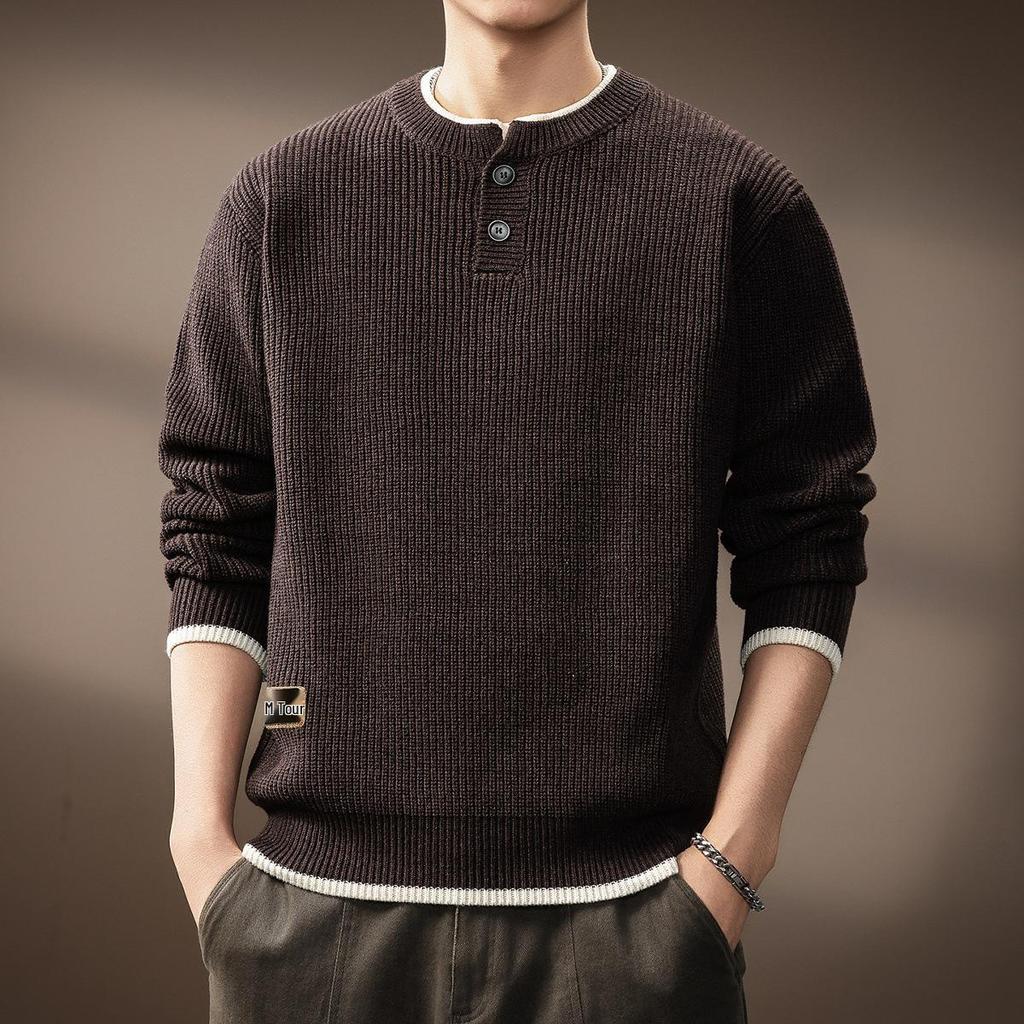 Men's Retro Two-Piece Look Color Block Ribbed Knit Sweater, Autumn Winter Casual Loose Henley Collar.